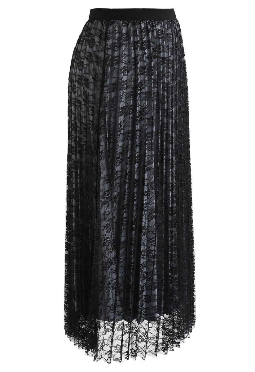 Reversible Floral Mesh Pleated Midi Skirt in Black