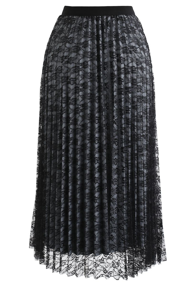 Reversible Floral Mesh Pleated Midi Skirt in Black