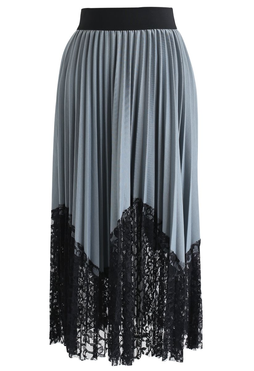 Lightsome Lace Hem Pleated Midi Skirt in Dusty Blue