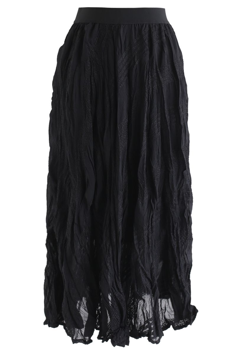 Slanted Embroidered Pleated Midi Skirt in Black