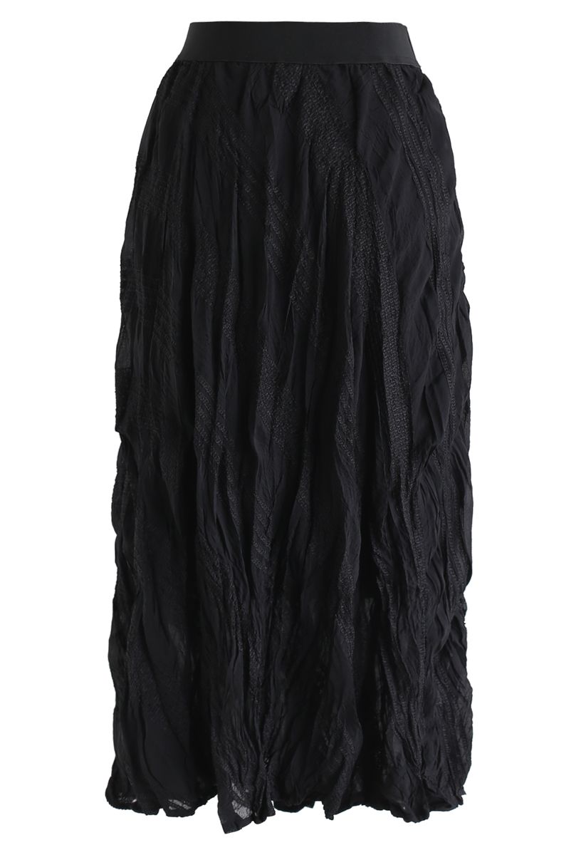 Slanted Embroidered Pleated Midi Skirt in Black