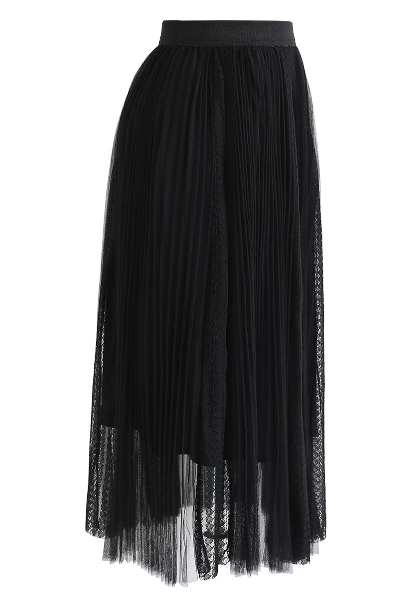 Exquisite Mesh Lace Pleated Midi Skirt in Black