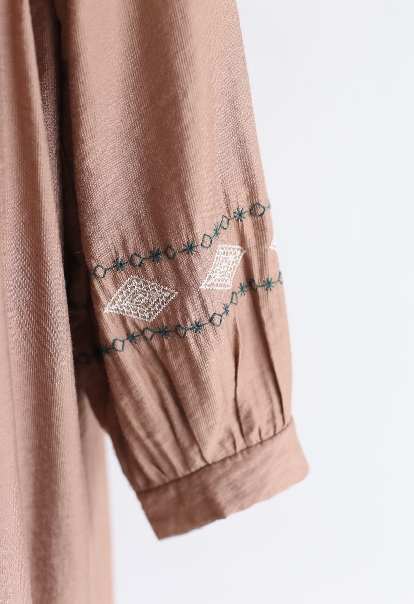 Embroidered Sleeves Boho Midi Dress in Tan