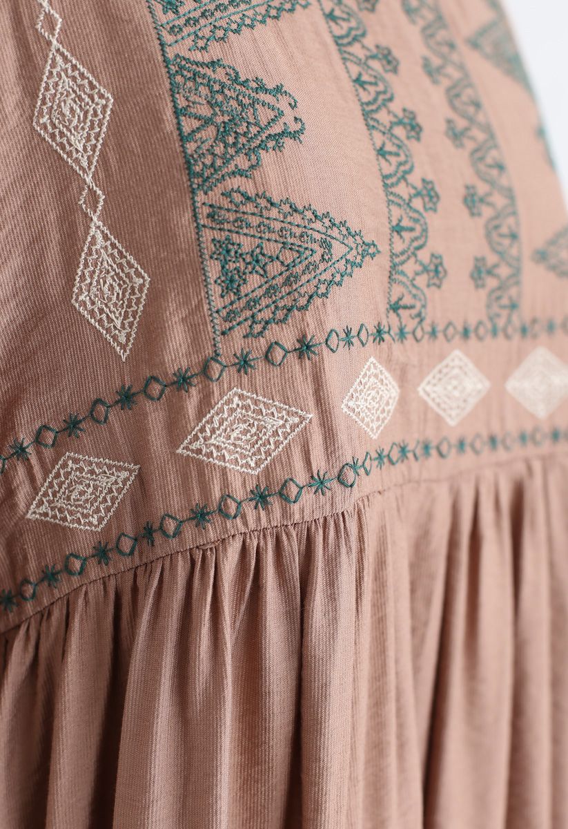 Embroidered Sleeves Boho Midi Dress in Tan