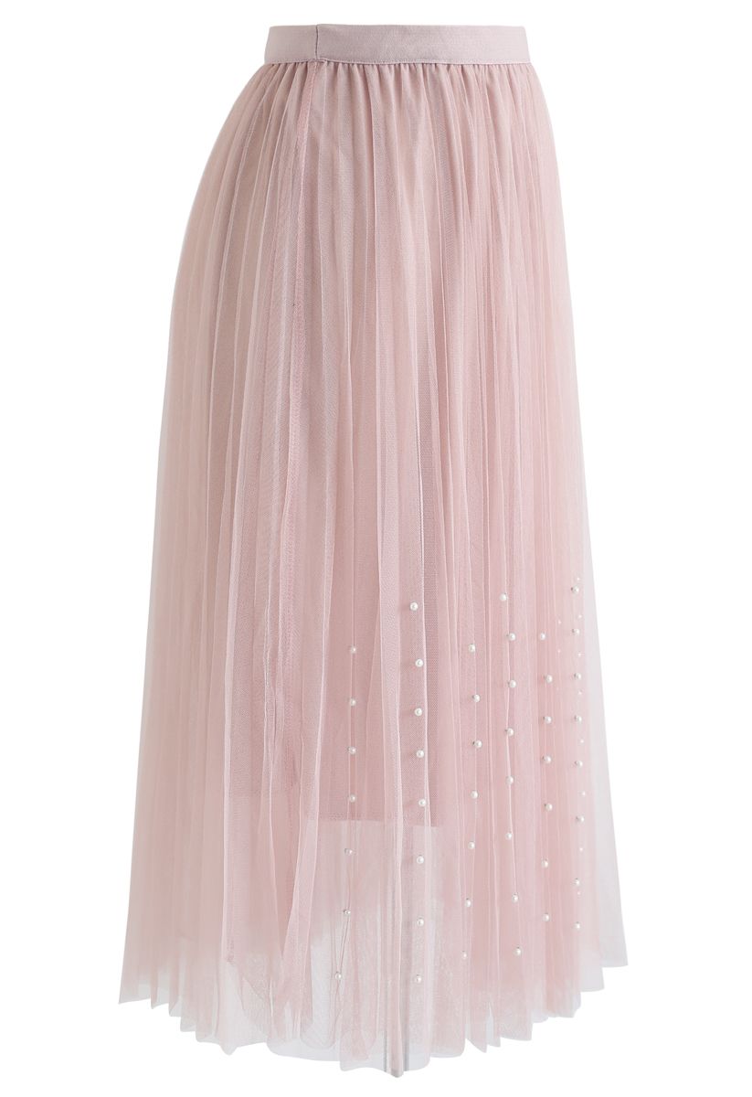 Pleated Double-Layered Mesh Tulle Pearls Skirt in Pink