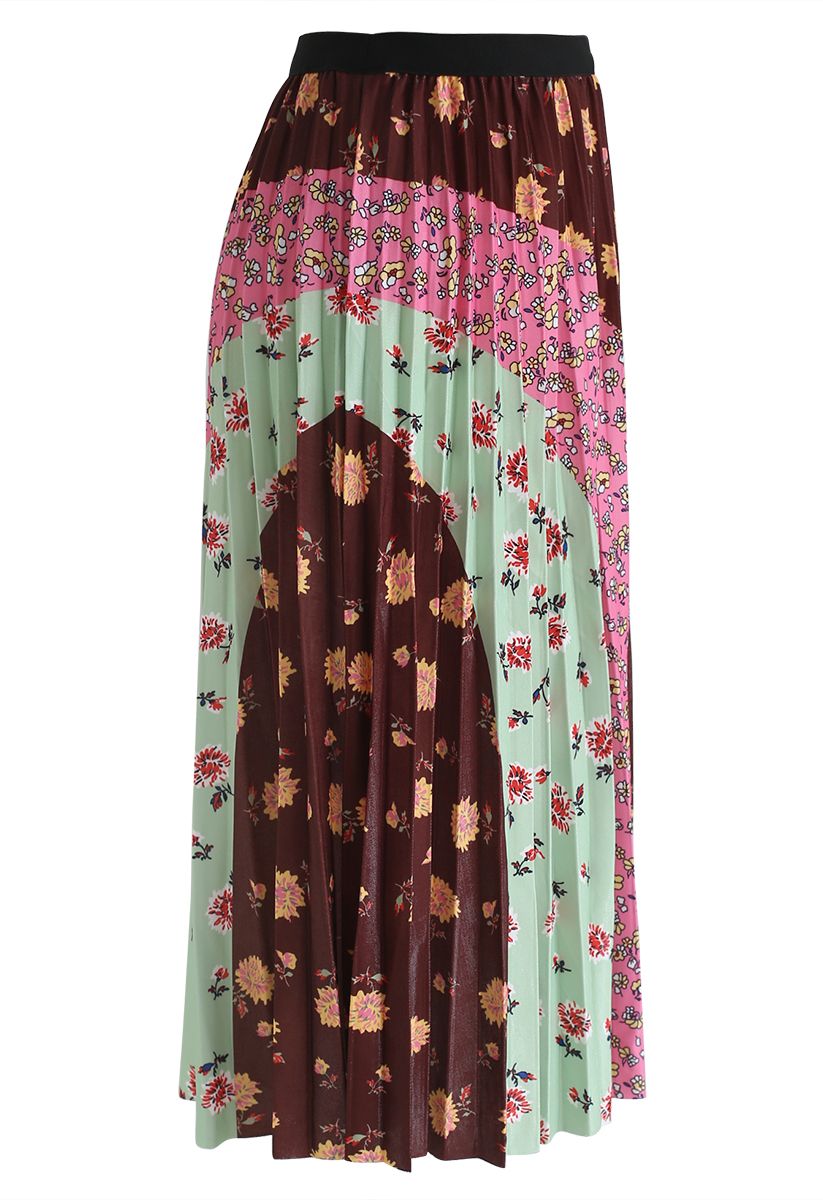 Floral Color Blocked Pleated Midi Skirt in Brown