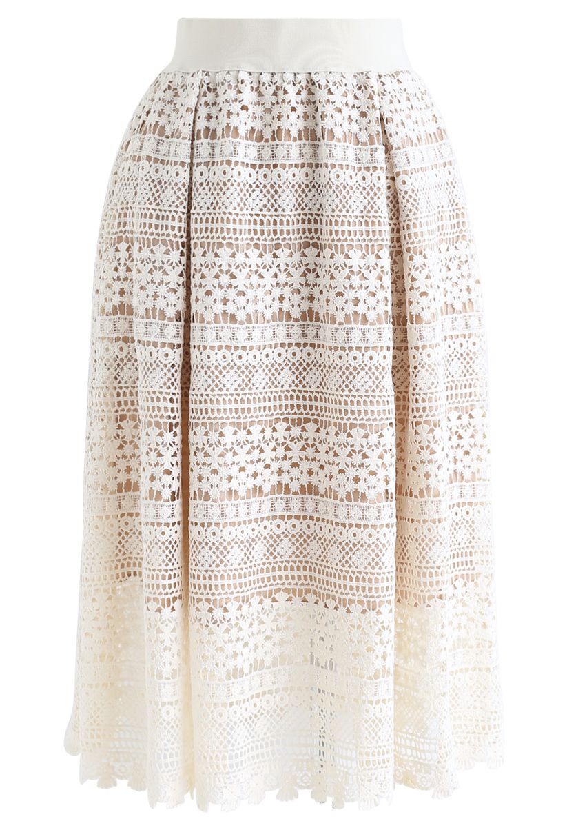 Floral Crochet Midi Skirt in Cream