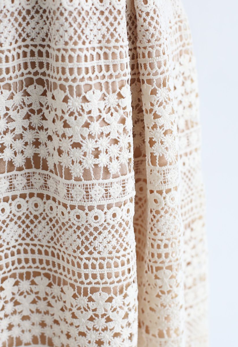 Floral Crochet Midi Skirt in Cream