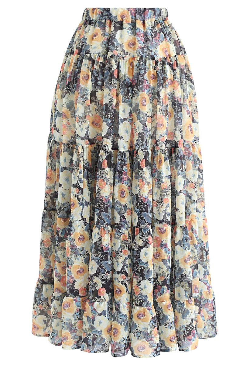 Floral Blossom Watercolor Ruffle Maxi Skirt in Yellow