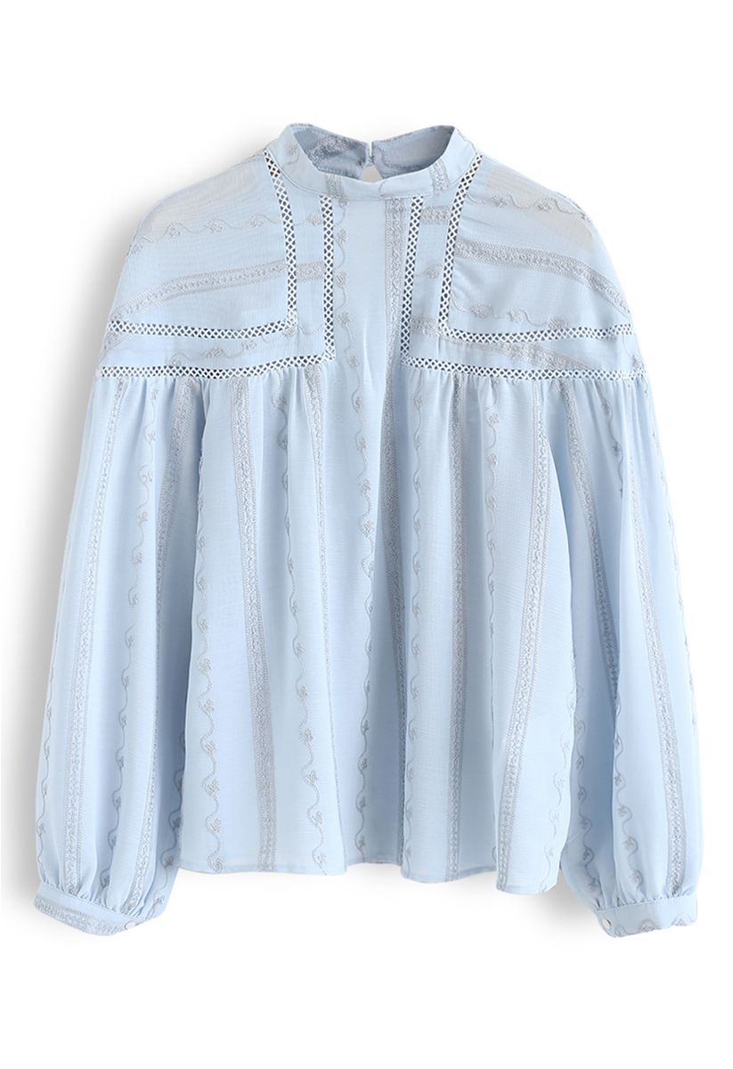 Embroidered Eyelet Detail Sheer Top in Blue