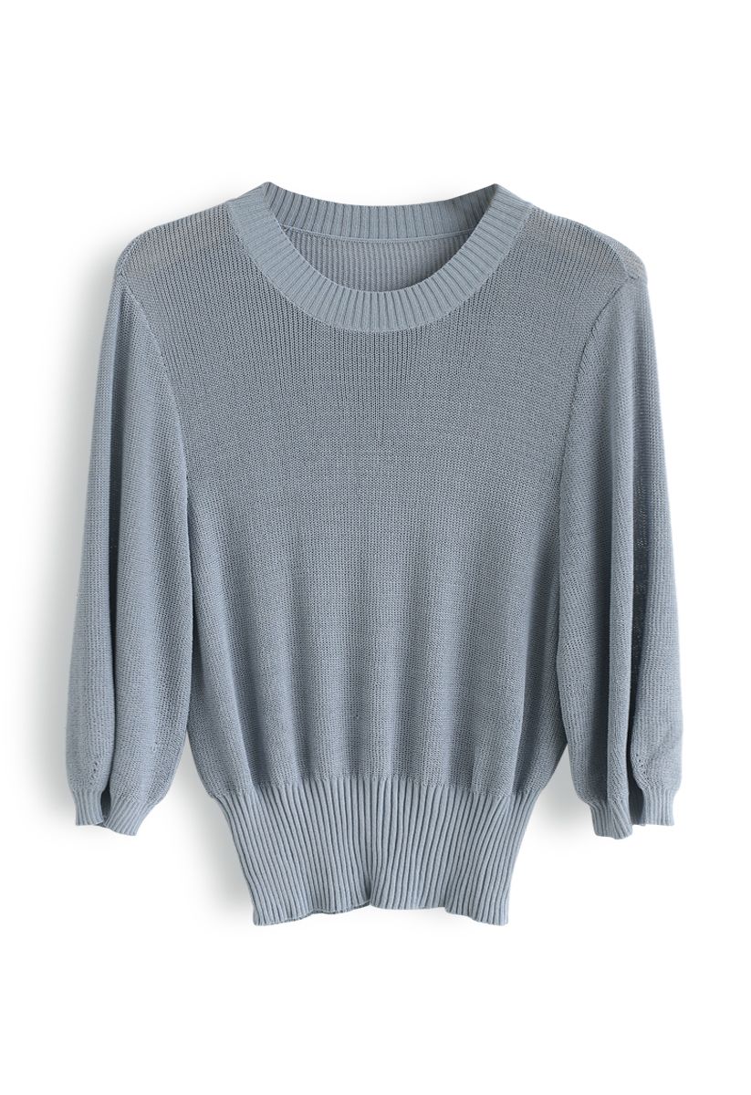 Round Neck Cropped Knit Top in Dusty Blue