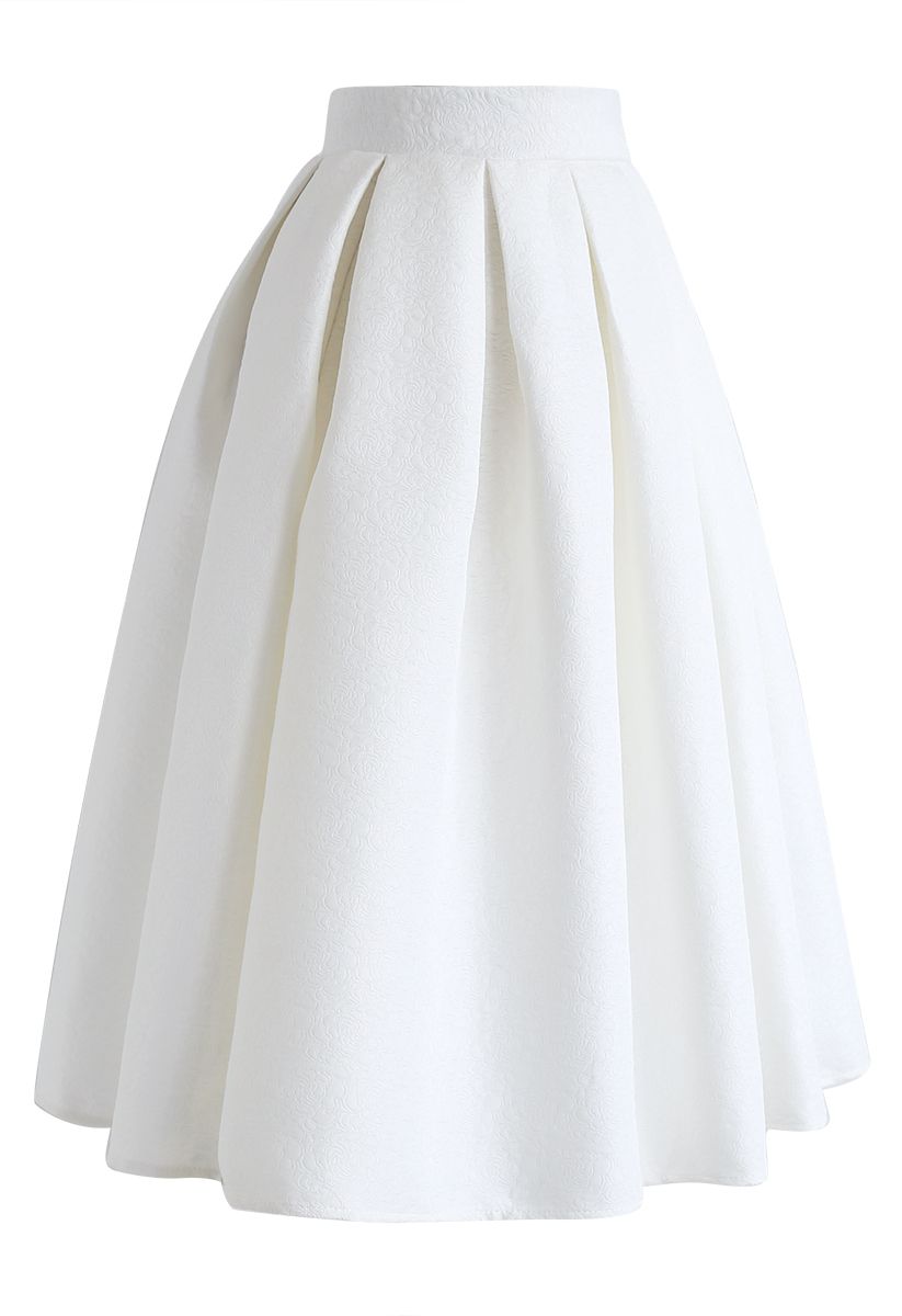 Jacquard Pleated A-Line Midi Skirt in White