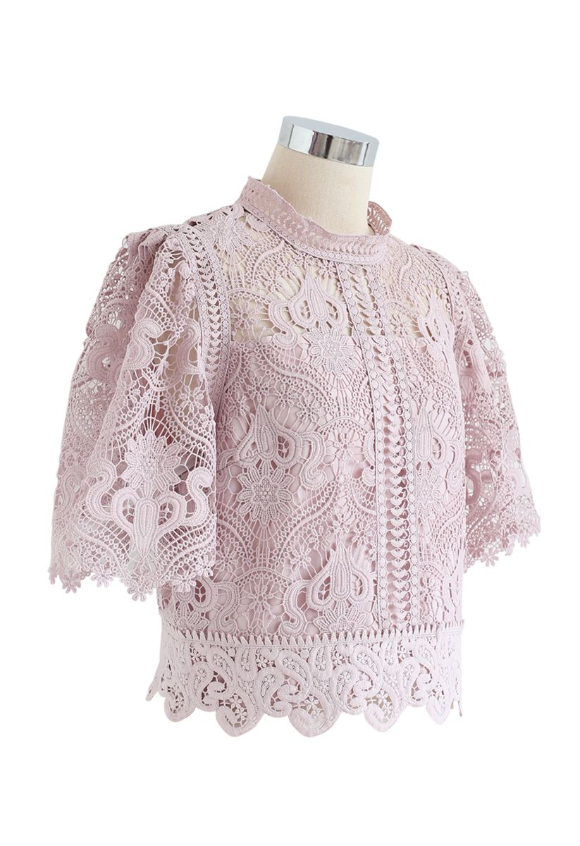 Crochet Bell Sleeves Cropped Top in Pink