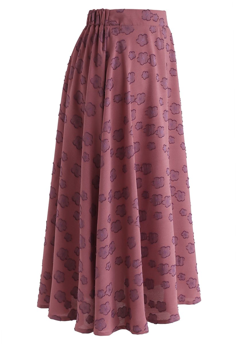 Falling Florets Tasseled A-Line Midi Skirt in Berry