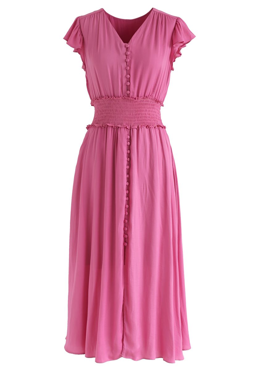 Shirred Button Down Ruffle Dress in Hot Pink