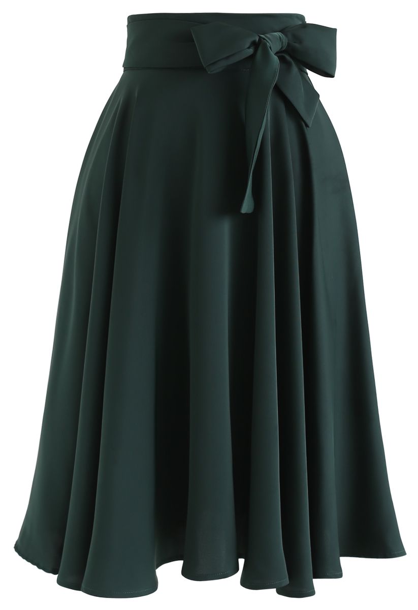 Flare Hem Bowknot Waist Midi Skirt in Emerald