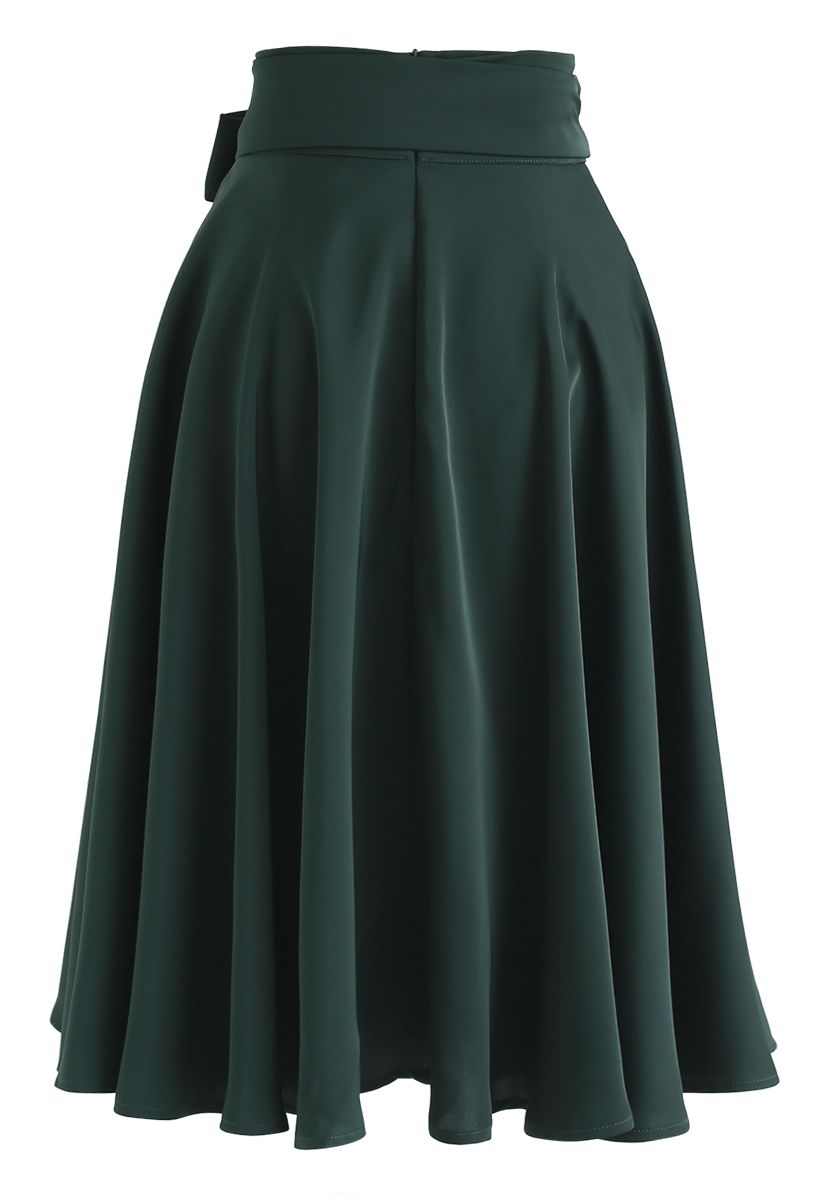 Flare Hem Bowknot Waist Midi Skirt in Emerald