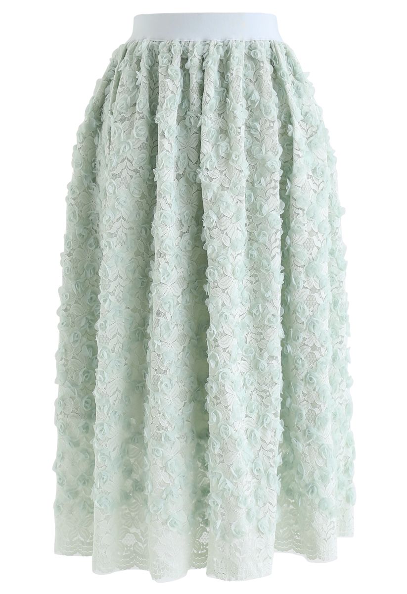 3D Roses Full Lace Midi Skirt in Mint