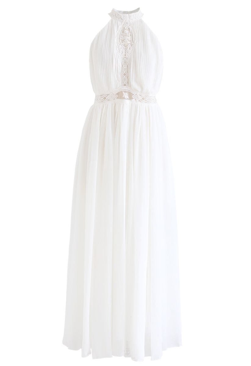 Embroidered Mesh Split Chiffon Halter Dress in White