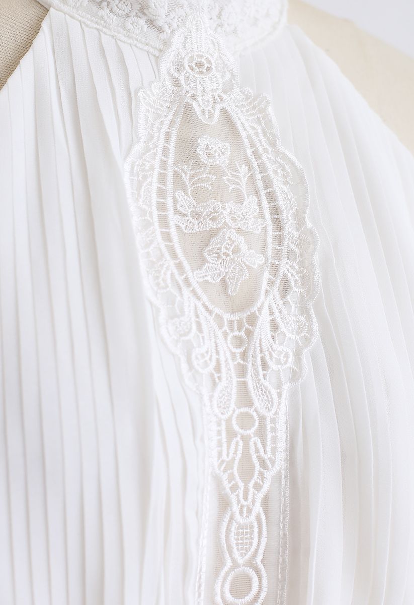 Embroidered Mesh Split Chiffon Halter Dress in White