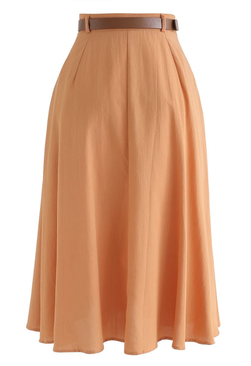 Buttoned Belted A-Line Midi Skirt in Orange