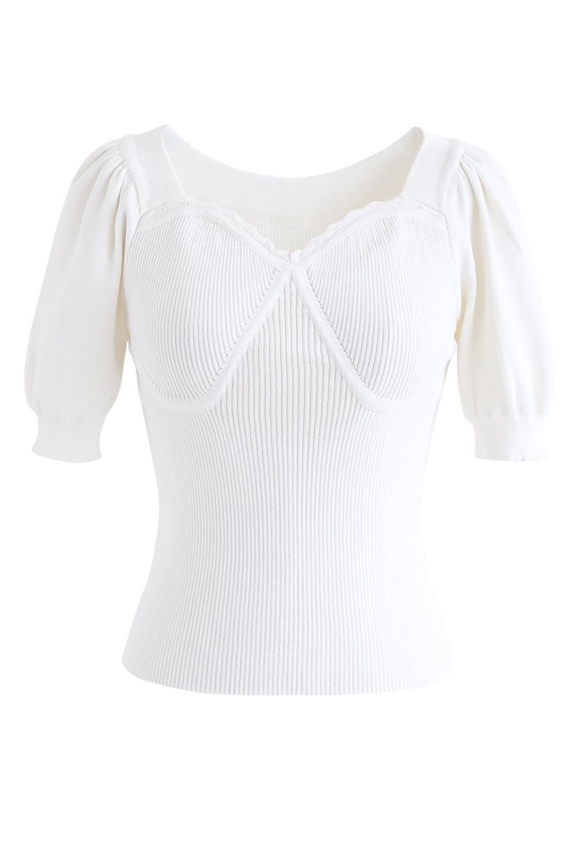 Sweetheart Neck Fitted Ribbed Knit Top in White