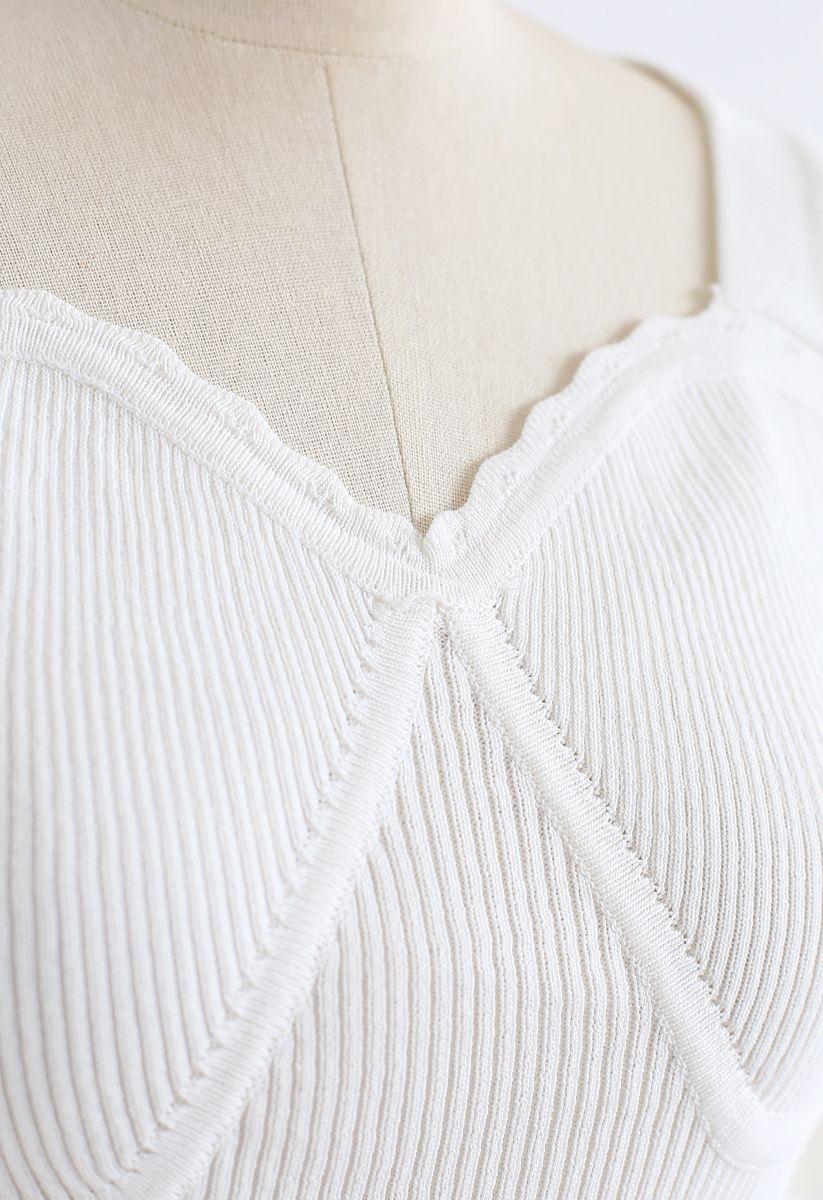Sweetheart Neck Fitted Ribbed Knit Top in White