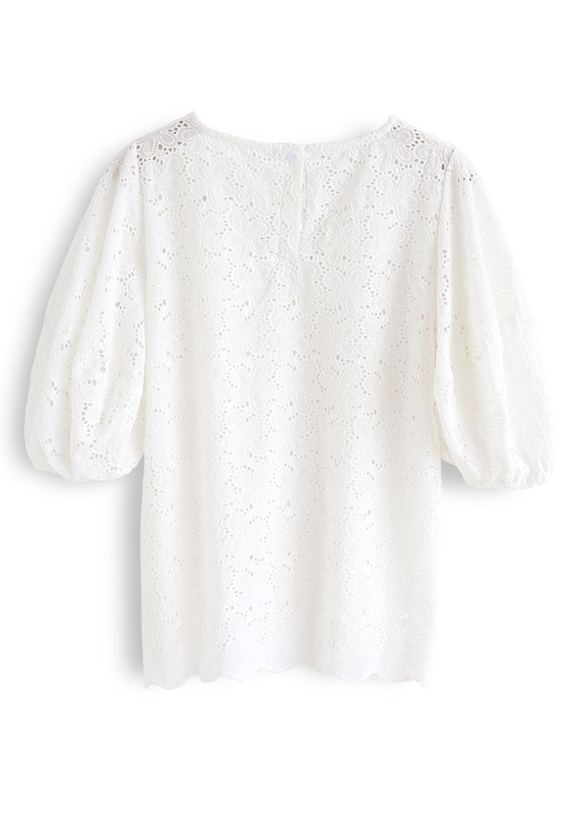 Full Flowers Embroidered Eyelet Puff Sleeves Top in White