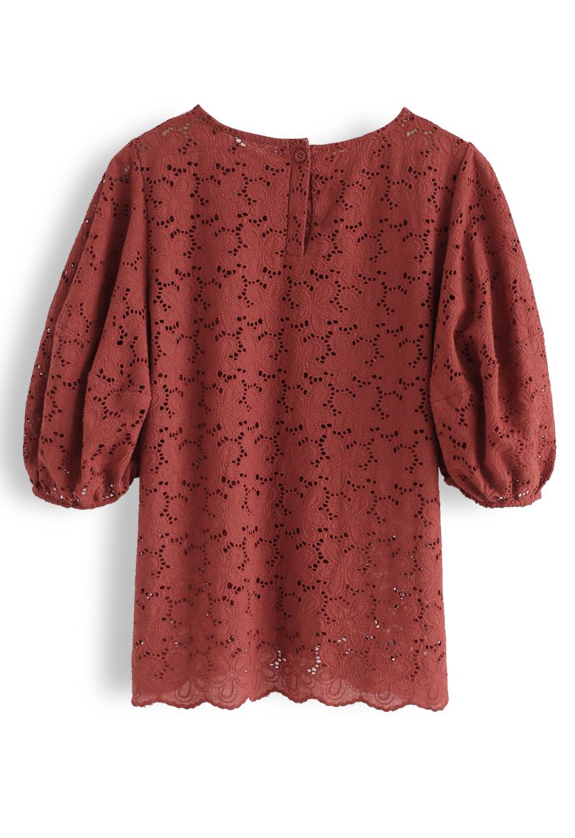Full Flowers Embroidered Eyelet Puff Sleeves Top in Rust
