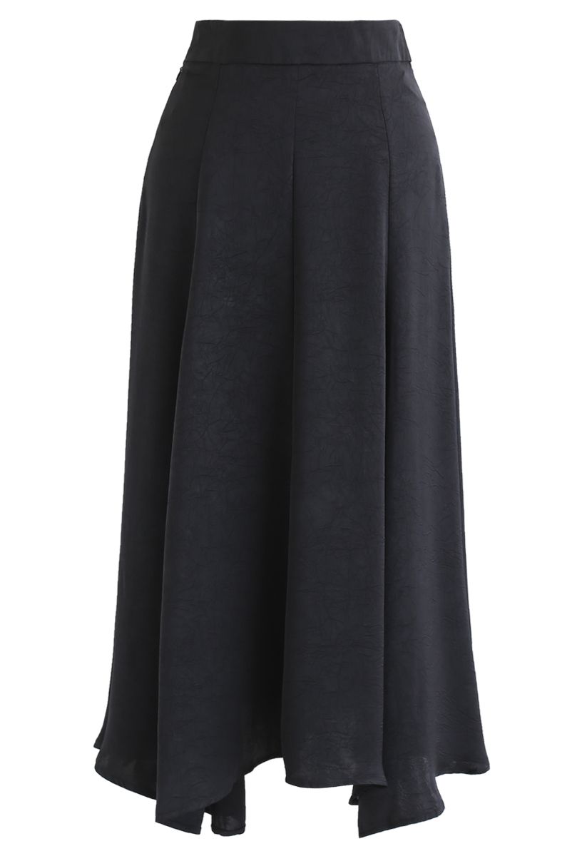Silky Texture Asymmetric Midi Skirt in Black