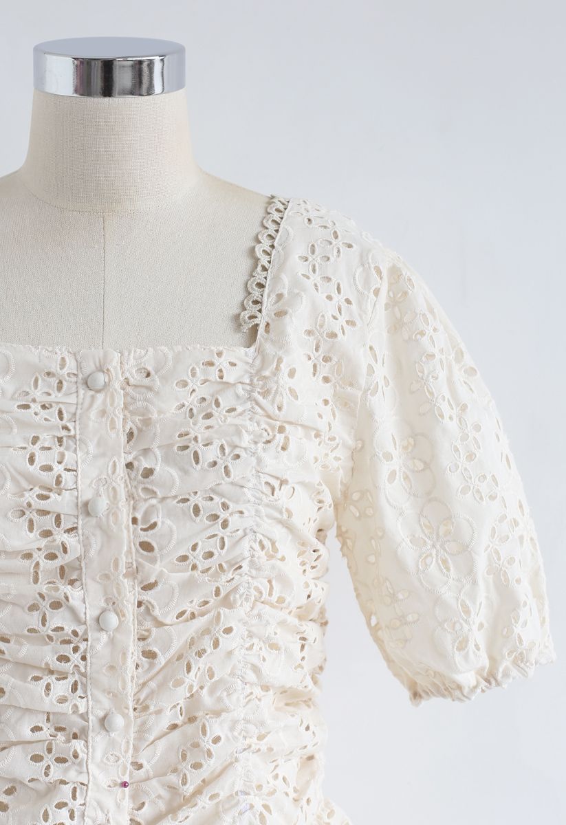 Square Neck Eyelet Buttoned Top in Cream