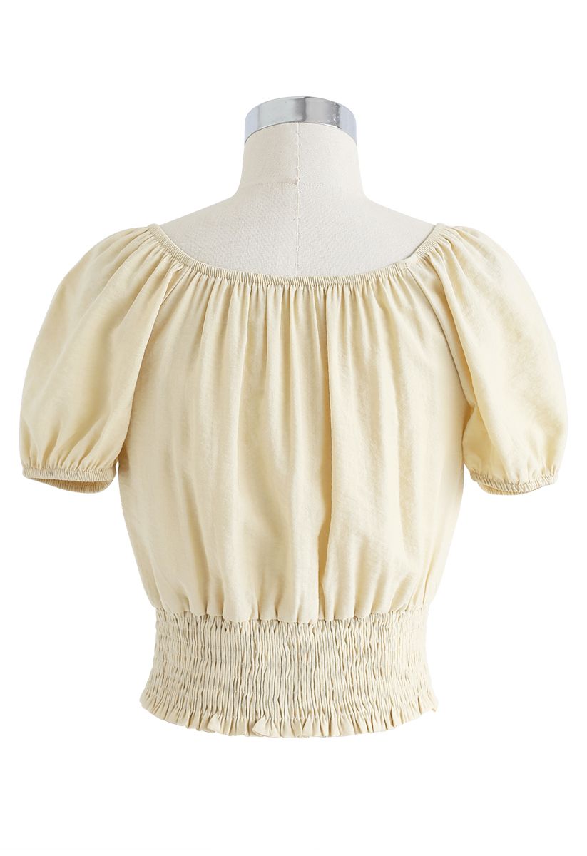 Square Neck Buttoned Front Cropped Top in Light Yellow