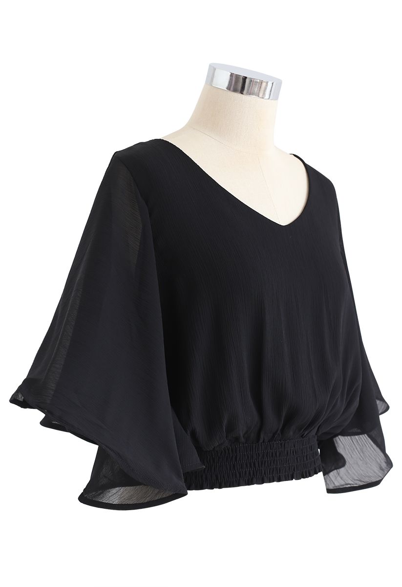 Butterfly Flare Sleeves V-Neck Crop Top in Black