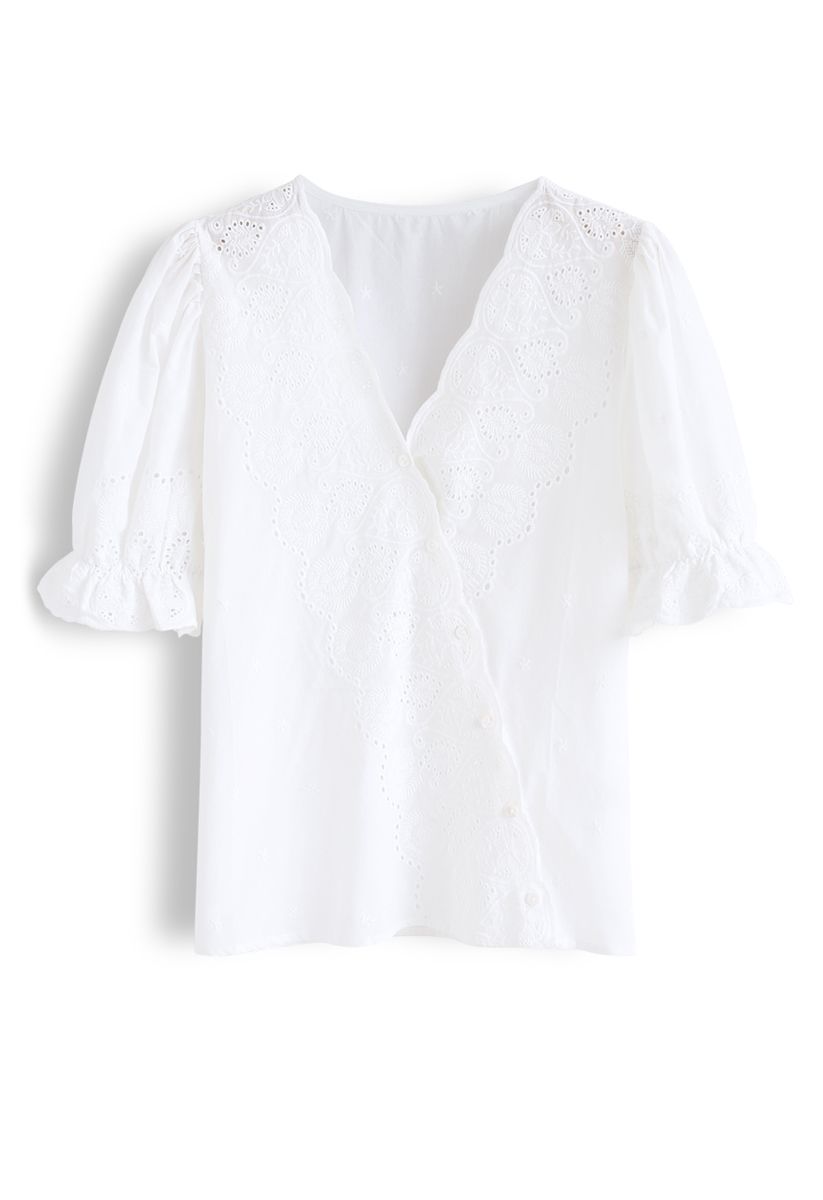 Slanted Embroidery Button Down Top in White