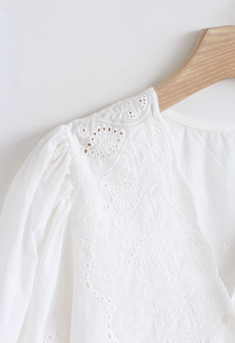 Slanted Embroidery Button Down Top in White
