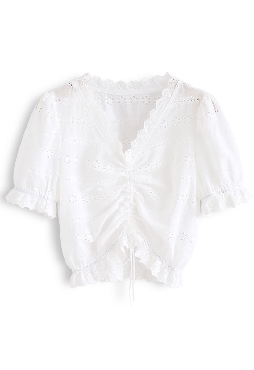 Drawstring Front Floral Embroidered Eyelet Crop Top in White