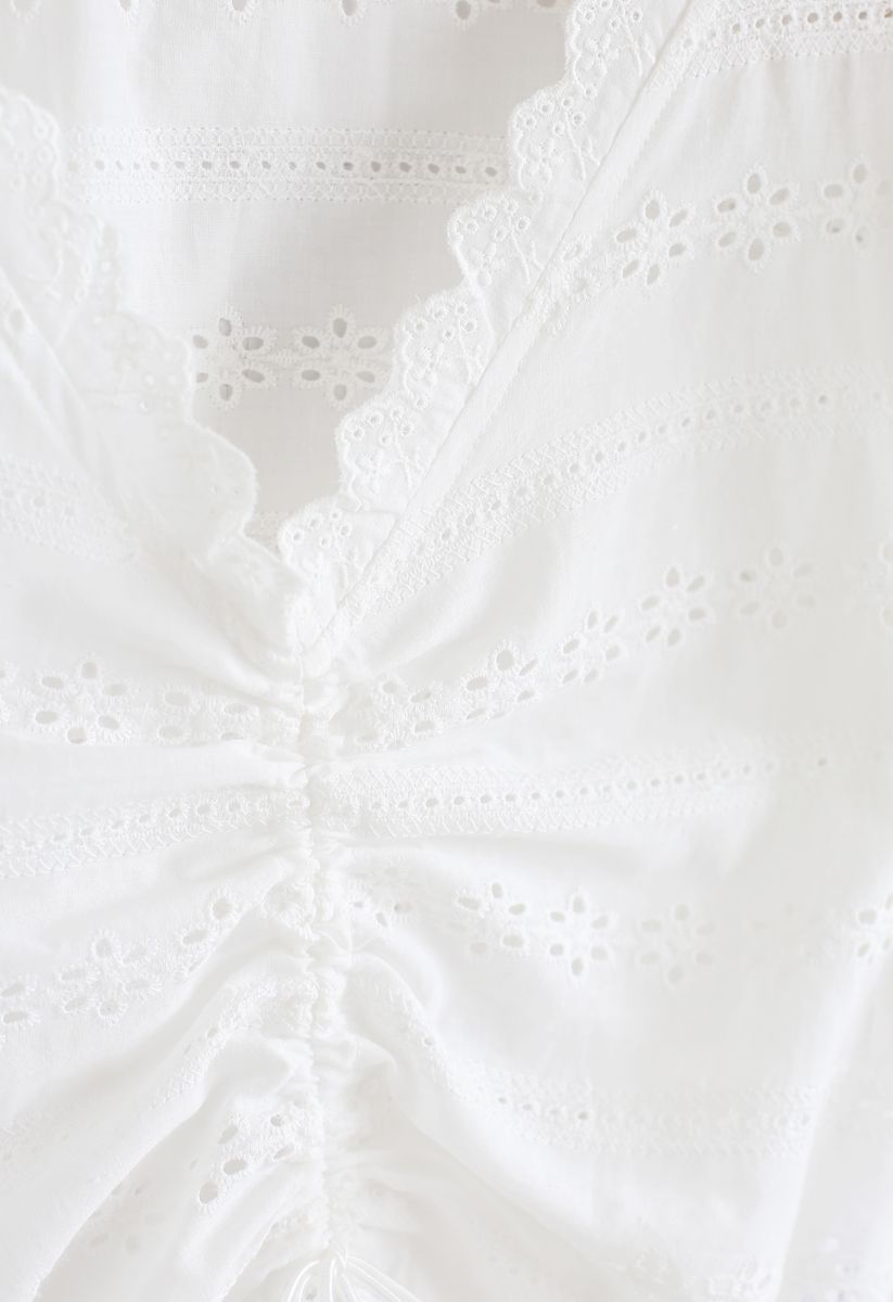 Drawstring Front Floral Embroidered Eyelet Crop Top in White