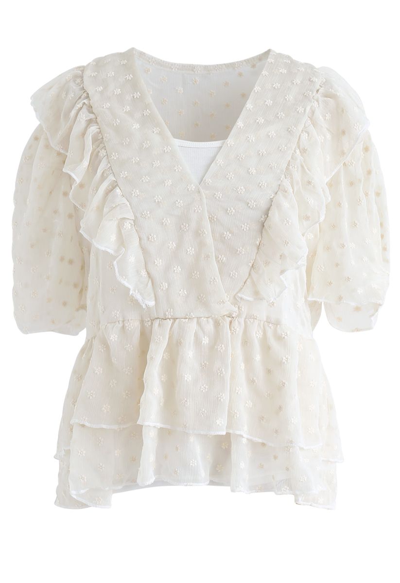 Floret Embroidery Ruffle Sheer Top in Cream