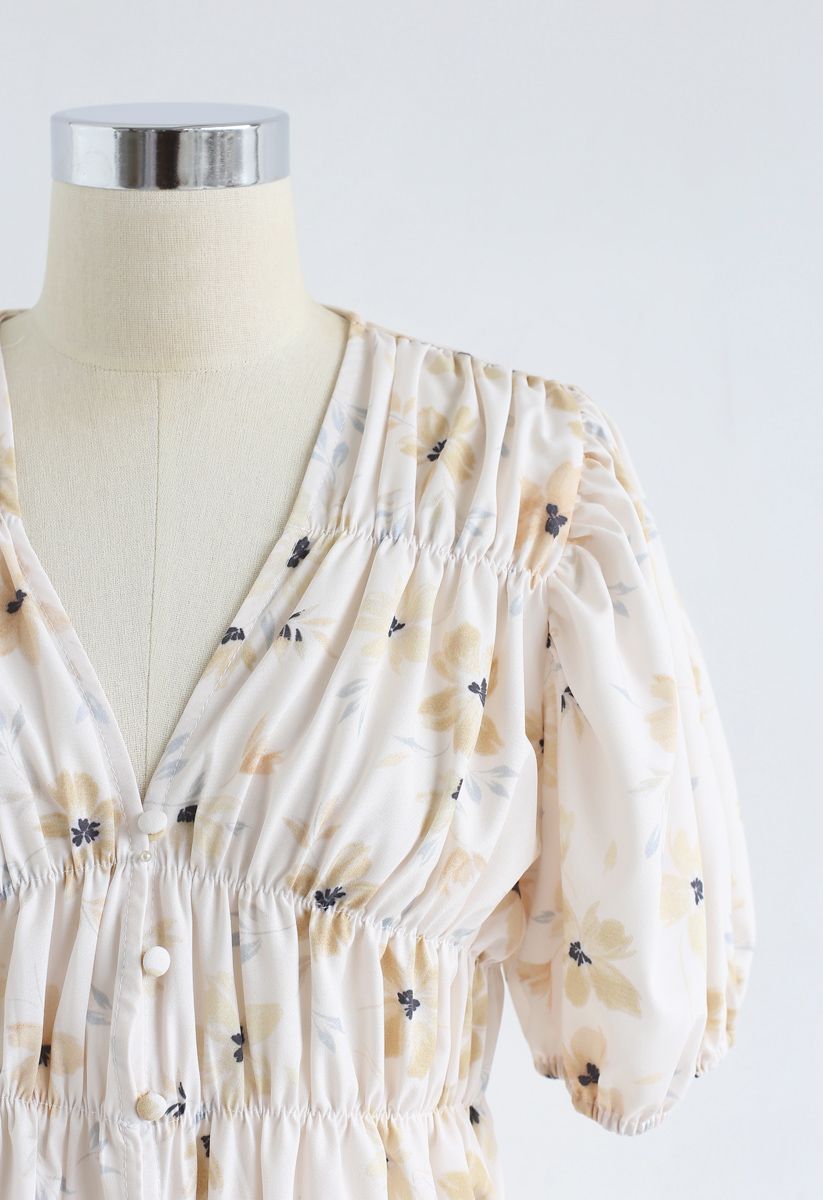 Floral Button Down Shirred Top in Beige