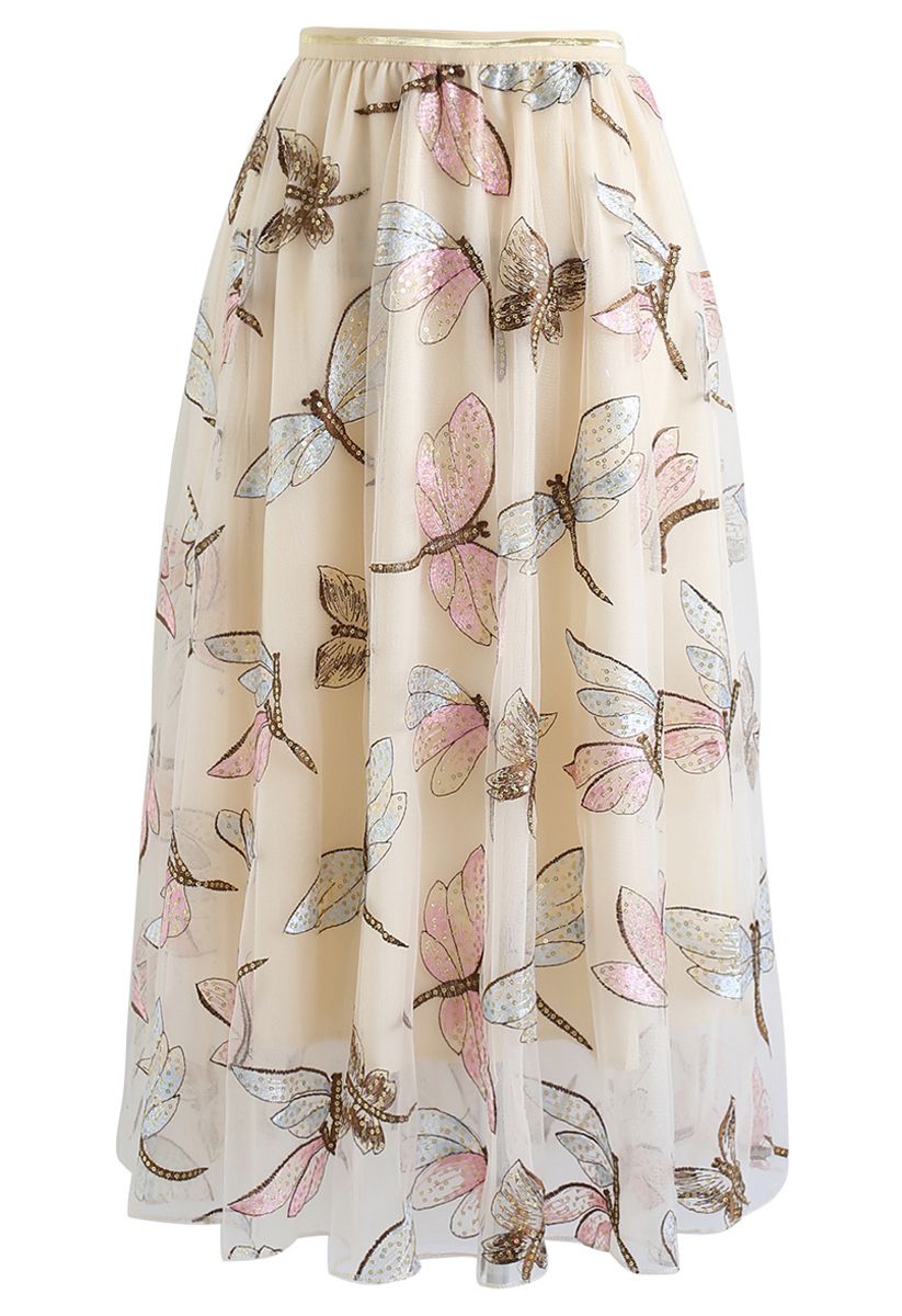 Sequin Dragonfly Embroidery Mesh Tulle Skirt in Cream