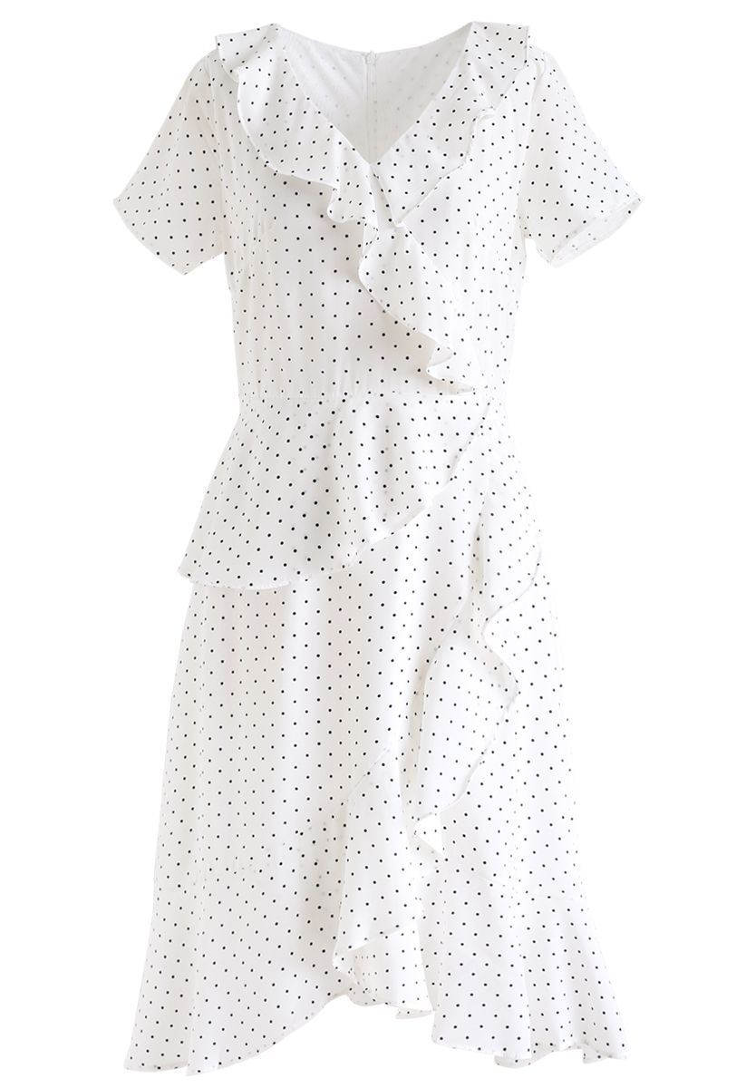 Dots Ruffle Asymmetric Midi Dress in White