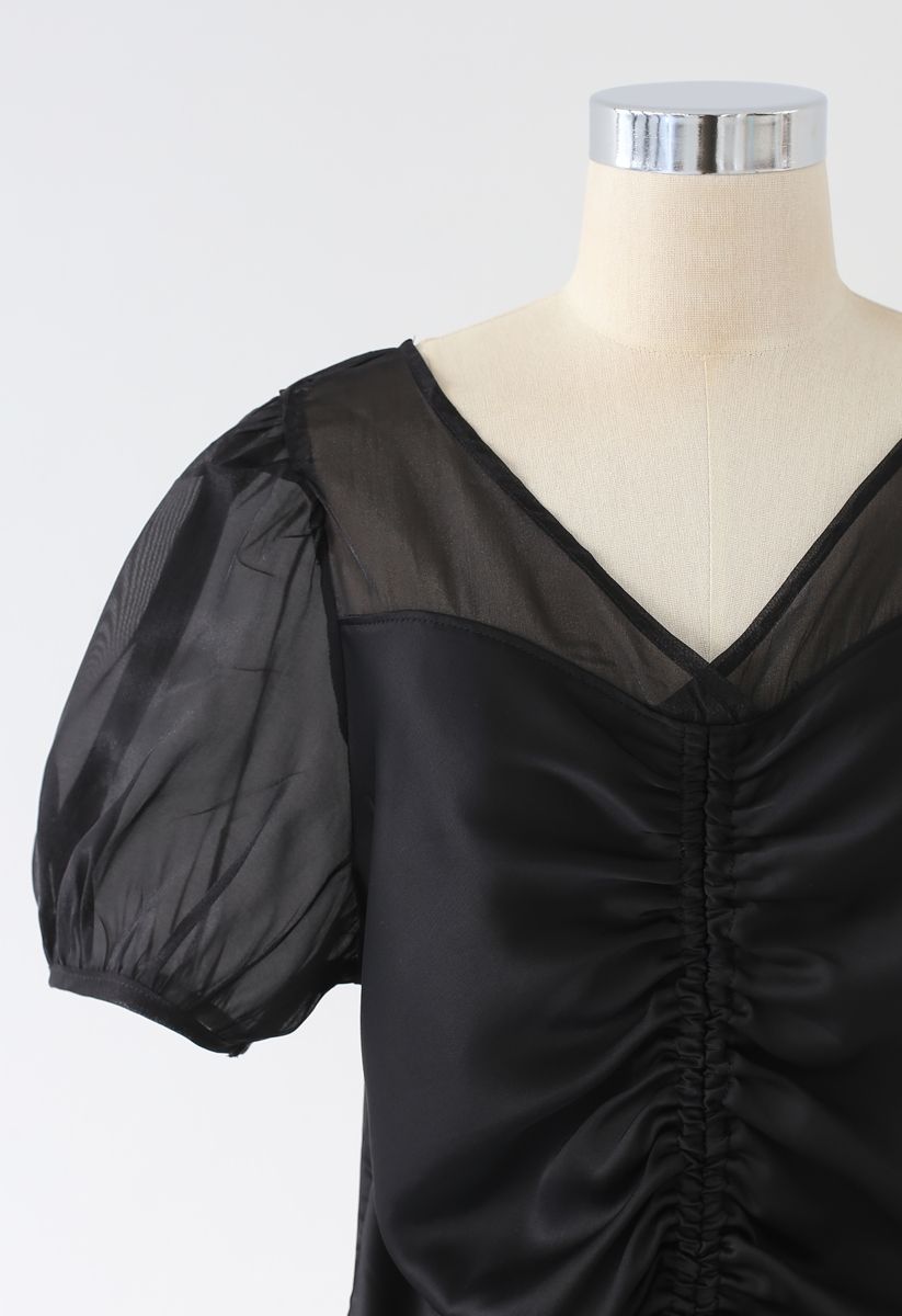 Organza Spliced Ruched Top in Black