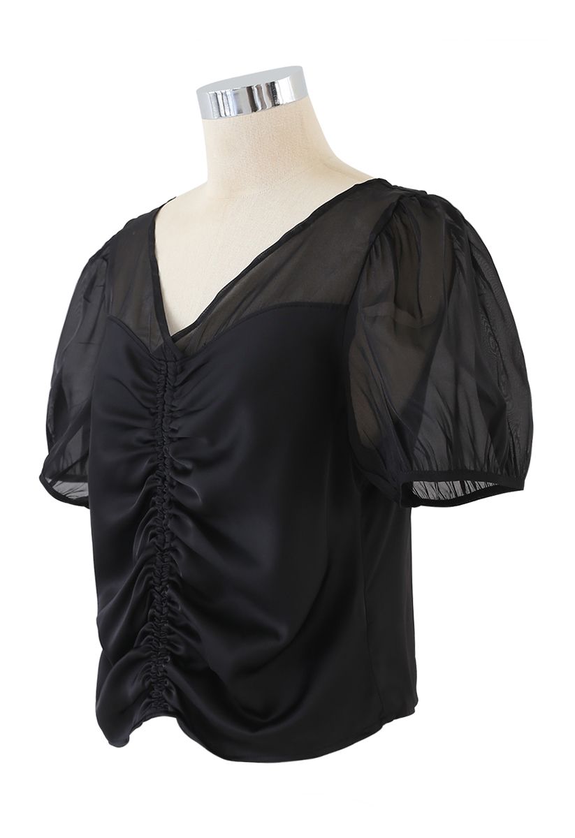 Organza Spliced Ruched Top in Black