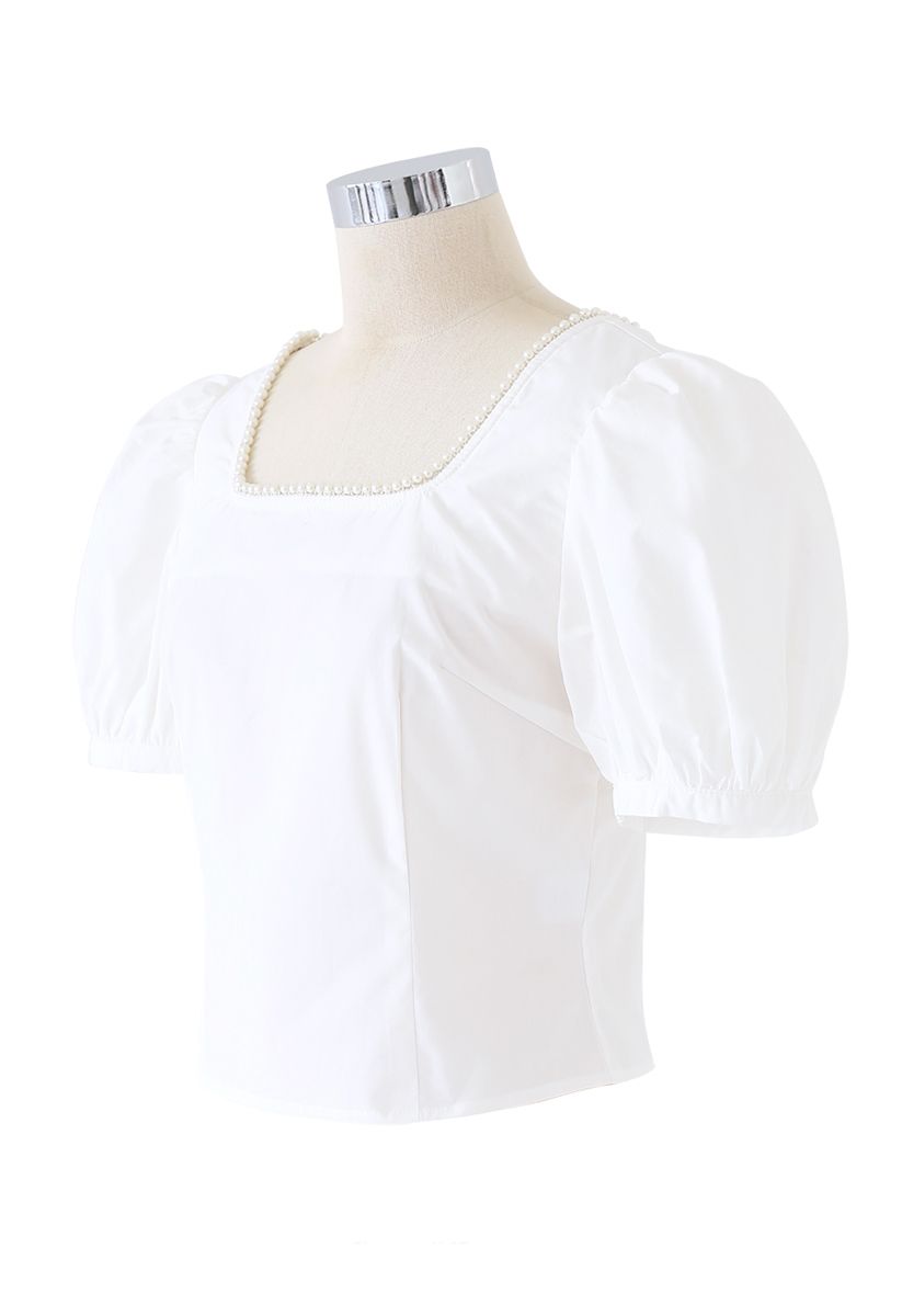 Pearl Trim Square Neck Puff Sleeves Top in White