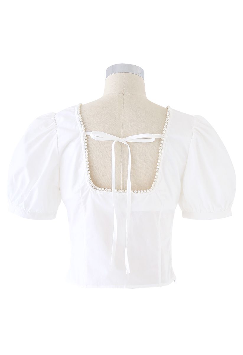Pearl Trim Square Neck Puff Sleeves Top in White