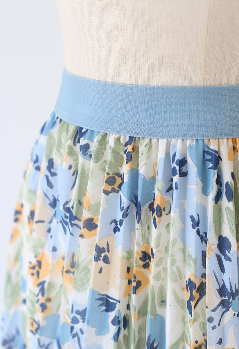 Lace Hem Floral Watercolor Pleated Chiffon Skirt in Dusty Blue