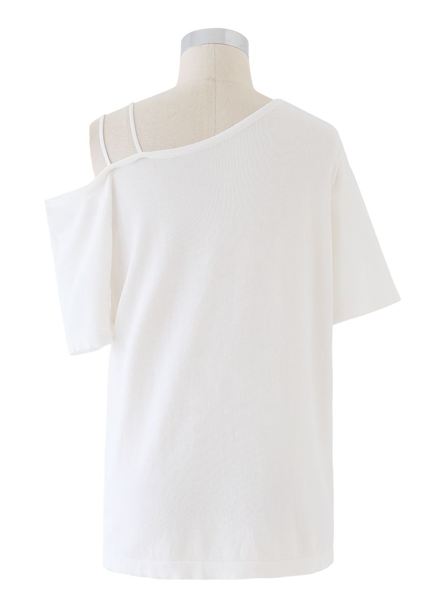 Cold-Shoulder Short-Sleeve Knit Top in White