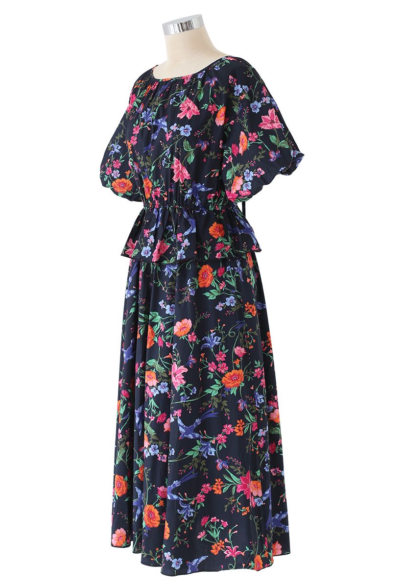 Flower and Swallow Print Puff Sleeves Midi Dress