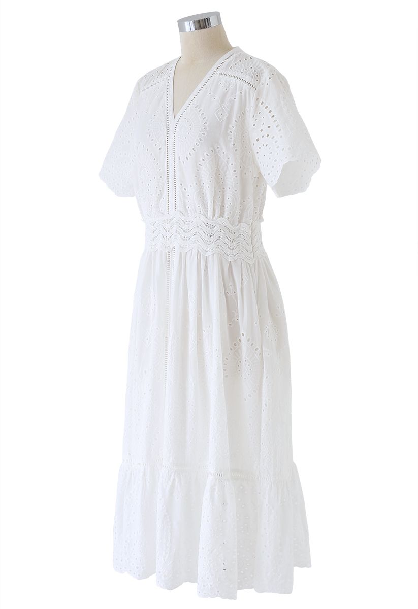 Diamond Embroidery Eyelet Frill Hem Dress in White