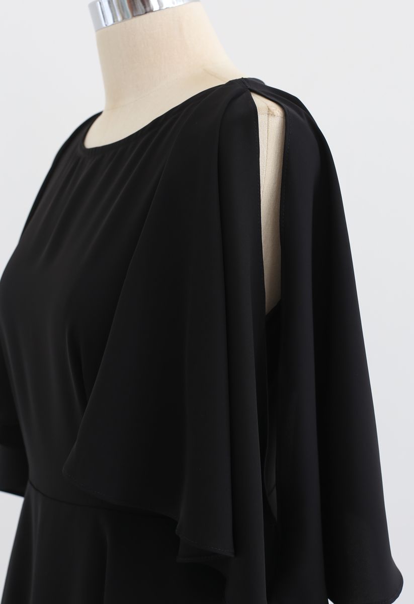 Asymmetric Cold-Shoulder Midi Dress in Black